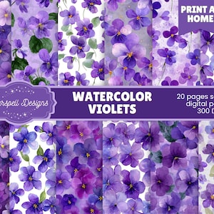 May include: A collection of 20 seamless digital papers featuring watercolor violets in shades of purple and white. The image includes the text "Print at Home" and "Watercolor Violets" with the Starspell Designs logo.