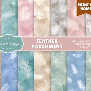 May include: A selection of 12 digital papers featuring feather and parchment patterns in shades of pink, blue, and beige. The text "Feather Parchment" is visible, alongside the text "Print at Home".