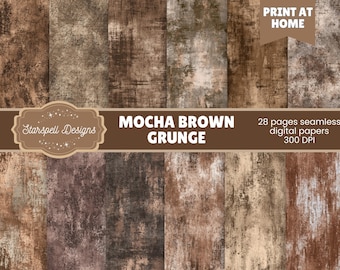 Padrões sem costura em tons de marrom mocha com efeito grunge, papéis digitais com texturas desgastadas, scrapbooking, diários, artesanato de outono e estilo campestre, tons terrosos.