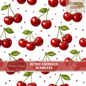 May include: A seamless pattern featuring bright red cherries with green leaves and stems, scattered on a white background with small red polka dots. The design includes the text "Retro Cherries Seamless".