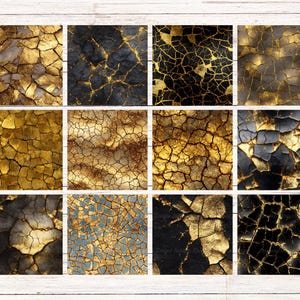 May include: A collection of twelve square digital art prints featuring a cracked, textured design. The color palette includes gold, black, blue, and brown tones, creating a weathered, aged appearance. The prints are arranged in a grid pattern.