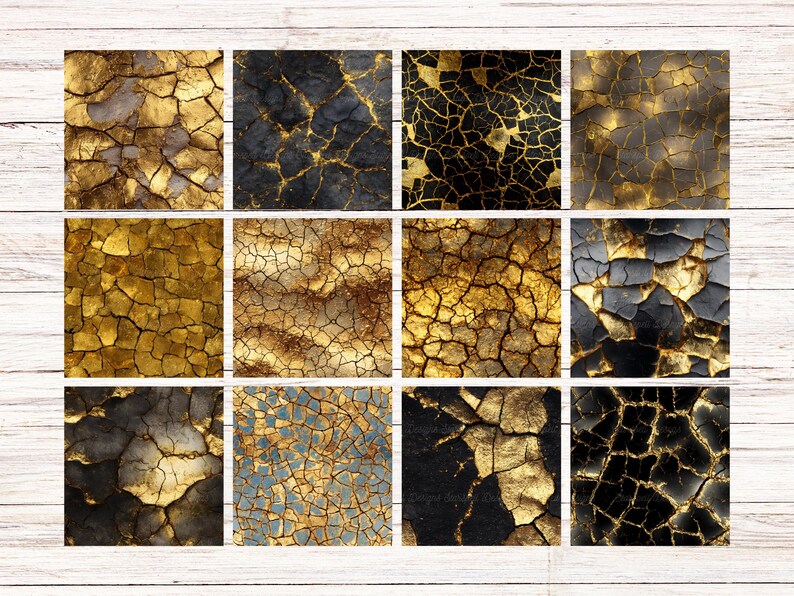 May include: A collection of twelve square digital art prints featuring a cracked, textured design. The color palette includes gold, black, blue, and brown tones, creating a weathered, aged appearance. The prints are arranged in a grid pattern.