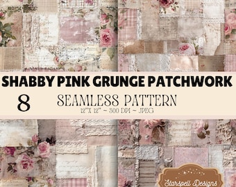 Shabby Pink Grunge Patchwork Seamless Patterns, 8 Vintage Rose Digital Papers, Cottagecore Floral Lace Scrapbook JPG