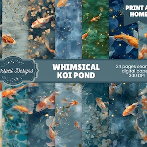 Könnte beinhalten: Digitale Papiere mit Koi-Karpfen in einem Teich. Die Designs sind im Aquarellstil gehalten und verwenden Blau-, Grün- und Goldtöne. Der Text auf dem Bild lautet "Whimsical Koi Pond" und "Print at Home".
