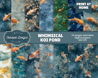 Whimsical Koi Pond Digital Paper Pack | Seamless Water Garden Patterns for Scrapbooking, Journals, Crafts & Artistic Projects