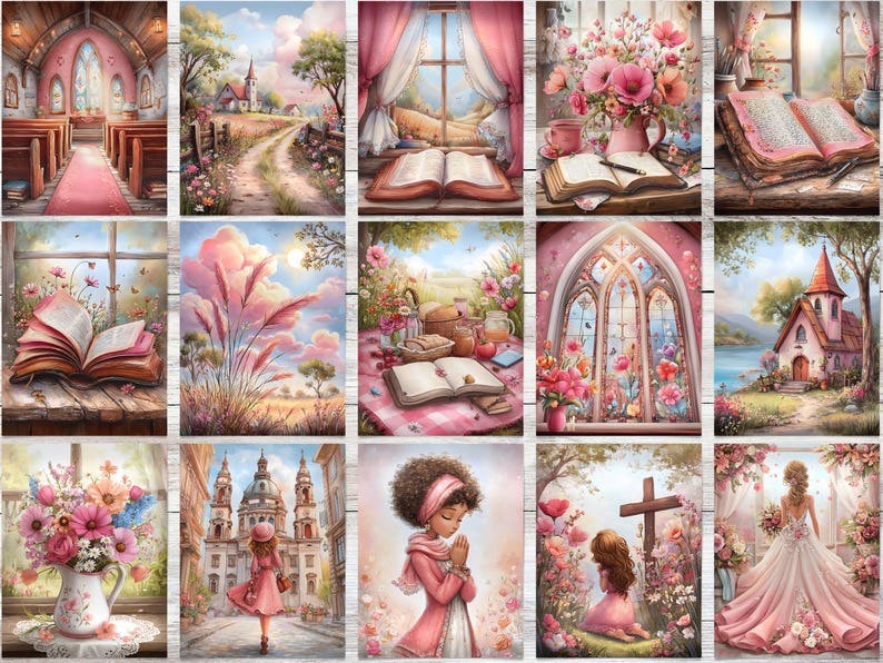 Op de afbeelding: Een verzameling aquarel schilderijen met religieuze thema's. Sc&egrave;nes omvatten kerken, open boeken, bloemen en figuren in gebed. Het kleurenpalet is zacht, met roze, blauw en groen. De algehele esthetiek is zacht en sereen.