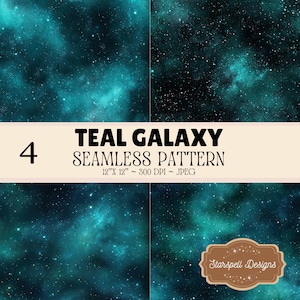 Blågrönt galax sömlöst mönsterpaket, digitalt papper med akvamarinblå nebula, turkosa kosmiska rymdbakgrunder för sublimering, skräpjournaler