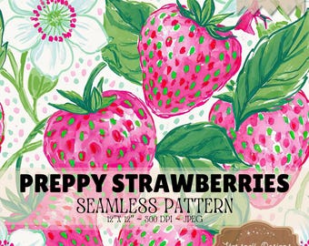 Preppy Strawberries Seamless Pattern, Pink Strawberry Floral Digital Paper, Bright Summer Fruit Pattern, Colorful Berry Fabric JPEG
