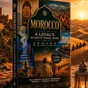 Peut inclure: Un guide de voyage relié intitulé Morocco: A Local's Ultimate Travel Guide. La couverture présente un collage de paysages marocains, une personne en tenue traditionnelle et une théière. Le texte inclut Written by a Local et Real Insights.
