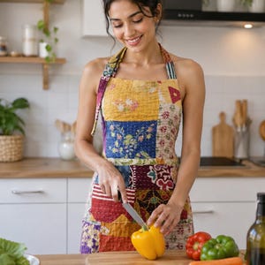 May include: A patchwork apron featuring a variety of colorful fabric squares with floral and geometric patterns. The apron has a halter-style neck strap and is constructed from quilted material with visible stitching throughout the fabric panels.