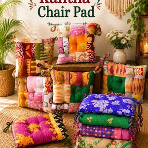 May include: A collection of square chair pads featuring patchwork designs in various colors including pink, orange, green, blue, and yellow. Each pad has corner ties and visible stitching. The text Kantha Chair Pad is displayed above the items.