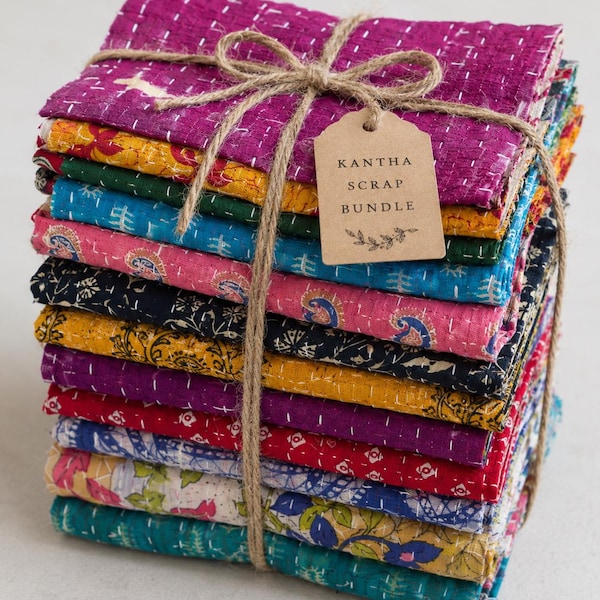 Vintage-Kantha-Stoffreste-Bundle | Upgecycelte Baumwoll-Quiltstücke für Bastelarbeiten