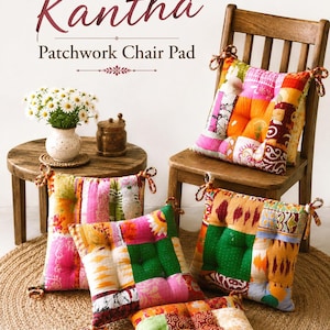 May include: Four square patchwork chair pads featuring a variety of colorful fabric patterns in shades of orange, pink, green, and yellow. Each pad includes corner ties and visible stitching. The text "Handmade Kantha Patchwork Chair Pad" is displayed.