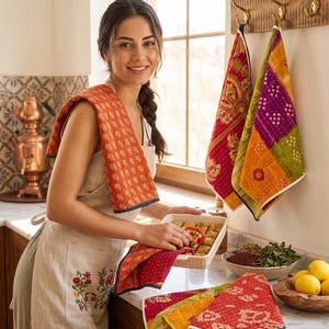 May include: A collection of rectangular kitchen towels featuring vibrant patchwork patterns in shades of red, orange, yellow, green, and purple. The towels have visible stitching details and are displayed hanging on a wooden rack and resting on a counter.