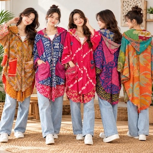 Peut inclure: Une collection de cinq vestes à capuche à manches longues présentant des motifs patchwork multicolores vibrants et des poches avant, portées sur des jeans en denim bleu clair. Chaque veste affiche une combinaison unique d'imprimés.