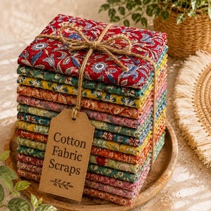 Op de afbeelding: Een stapel gevouwen katoenen stofresten met diverse bloemmotieven in rood, geel, groen en blauw. De stoffenbundel is samengebonden met bruin touw en bevat een rechthoekig bruin papieren label met de tekst Cotton Fabric Scraps.
