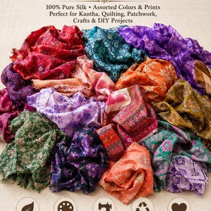 May include: A bundle of assorted silk fabric scraps featuring various colors and floral or geometric prints. The text SILK SCRAP BUNDLE, 100% Pure Silk, Assorted Colors & Prints, and icons for sewing, recycling, and hearts are visible.