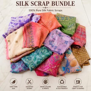 May include: A bundle of assorted silk fabric scraps featuring various colors and prints. The collection includes pieces in purple, orange, green, pink, and cream with floral and geometric patterns. Text reads SILK SCRAP BUNDLE 100% Pure Silk Fabric Scraps.