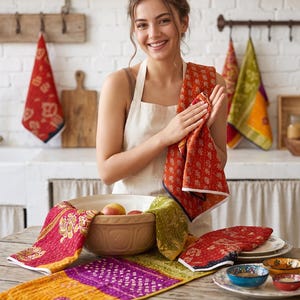 May include: A collection of colorful, quilted cotton kitchen textiles featuring intricate floral and geometric patterns in shades of red, orange, yellow, purple, and green. The set includes several rectangular towels and a long table runner.
