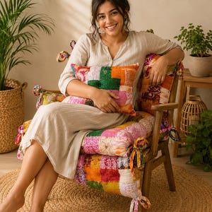 Vintage Kantha Patchwork Chair Pad | Handmade Cotton Seat Cushion | Boho Chair Cushion | Quilted Floor Cushion | Rustic Farmhouse Gift