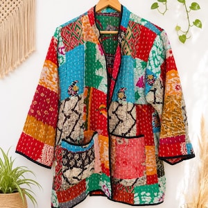 Kantha-Patchwork-Jacke, Boho-Steppmantel mit offener Vorderseite, Vintage-Mode aus Indien