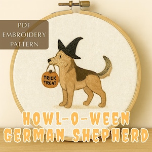Digital Halloween Hand Embroidery Design, Embroidery Patterns, Digital Download, German Shepherd, Trick or Treat, Hand Embroidery, Gift, DIY