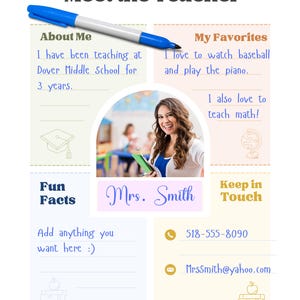 May include: A colourful "Meet the Teacher" poster featuring a photo of Mrs. Smith. The poster includes sections for "About Me," "My Favourites," and "Fun Facts," along with contact details, including a phone number and email.