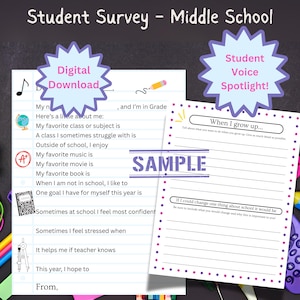 Op de afbeelding: Een afdrukbare studentenenquête met de titel "Student Survey - Middle School". De enquête bevat invulvragen over favoriete vakken, doelen en gevoelens. De afbeelding bevat ook een pagina met de titel "When I grow up..." en "If I could change one thing about school it would be".