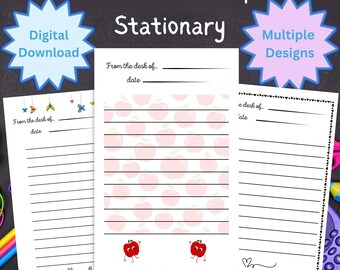 May include: Three stationery designs are displayed, each with a different layout. The top text reads "From the desk of... Stationary." One design features a floral border, another has an apple pattern, and the third has a heart border. The words "Digital Download" and "Multiple Designs" are also visible.