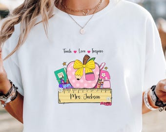 Personalized Teach, Love, Inspire, Teacher T-Shirt, Custom Made Teacher Gift, Back to School Apparel, Cute White Teacher T-Shirt