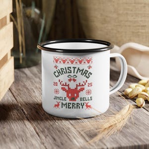 Cozy Christmas Enamel Camp Cup, Holiday Mug, Camping Cup, Gift for Outdoorsy Friends, Winter Beverage Holder