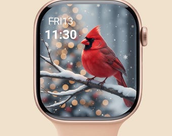 Winter Cardinal Apple Watch Wallpaper – Romantic Red Bird Snowy Forest Digital Art
