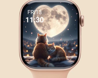 Valentine Cats Apple Watch Wallpaper, Romantic Moon Couple Watch Face, Cozy Love Digital Art