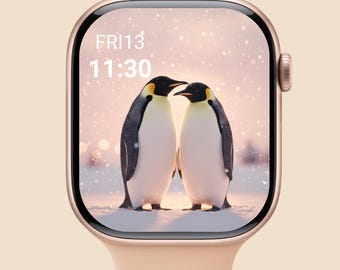 Valentine Penguin Couple Apple Watch Wallpaper, Romantic Love Watch Face, Cozy Winter Digital Art
