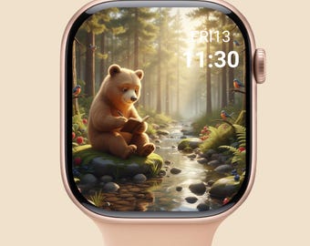 Cozy Forest Bear Apple Watch Wallpaper, Relaxing Animal Display, Calm Nature Digital Art