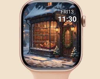 Cozy Bookstore Apple Watch Wallpaper | Snowy Winter Scene (Digital Download)