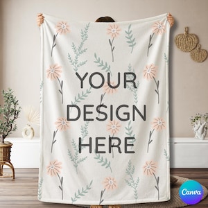 Decke Mockup Template, Samt Plush Boho Minky (Canva Zieh-Drag & Drop, Printstifte Mockup)