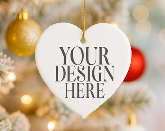 White Heart Ceramic Ornament Mockup: Christmas Tree Styled Stock Photo (Digital JPG Image)