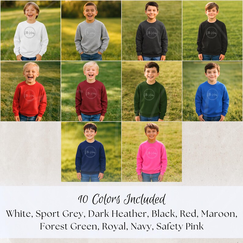 Peut inclure: Un collage de sweatshirts &agrave; col rond pour enfants de diff&eacute;rentes couleurs, dont blanc, gris et noir. Chaque sweat-shirt pr&eacute;sente un motif circulaire. Le texte en bas indique "10 couleurs incluses: Blanc, Gris sportif, Gris fonc&eacute;, Noir, Rouge, Marron, Vert for&ecirc;t, Royal, Marine, Rose de s&eacute;curit&eacute;."