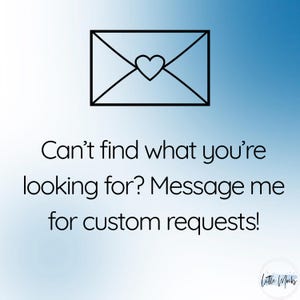 Peut inclure: Image avec un fond d&eacute;grad&eacute; bleu, un contour noir d'enveloppe avec un c&oelig;ur. Le texte dit : "Vous ne trouvez pas ce que vous cherchez ? Contactez-moi pour des demandes personnalis&eacute;es !" Le logo Little Mocks est en bas &agrave; droite.