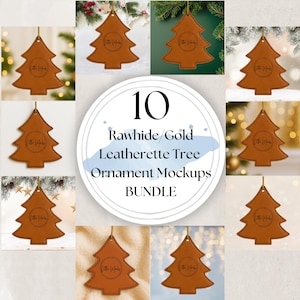 Puede incluir: Una colección de diez maquetas de adornos de árbol de cuero sintético en color crudo y dorado. Cada adorno tiene forma de árbol de Navidad con una cuerda dorada para colgar. Los adornos tienen un borde cosido y un logotipo circular.