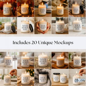 May include: A collection of lit candles in glass jars with black lids. Each candle has a white label that reads "YOUR DESIGN HERE". The image includes various mockups, showcasing the candles in different settings, with the text "Includes 20 Unique Mockups".