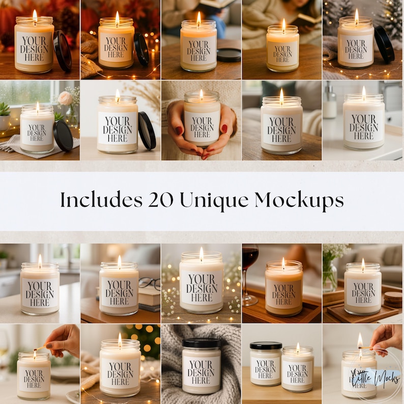 May include: A collection of lit candles in glass jars with black lids. Each candle has a white label that reads "YOUR DESIGN HERE". The image includes various mockups, showcasing the candles in different settings, with the text "Includes 20 Unique Mockups".