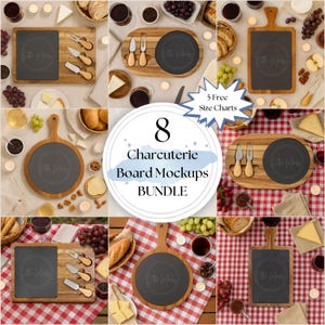 May include: A collection of eight charcuterie board mockups, each featuring a dark gray slate surface and wooden accents. Various shapes and sizes are displayed, along with cheese knives and forks. The image includes the text "8 Charcuterie Board Mockups BUNDLE".