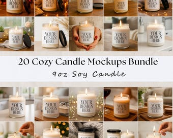 9oz Soy Candle Mockup Bundle: Jar Candle Mockups, Clear Glass Candle Label Mockup, Cozy Lit Candle Mock-Ups, Printify Lumient Candle (JPGs)