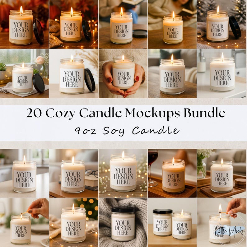 9oz Soy Candle Mockup Bundle: Jar Candle Mockups, Clear Glass Candle Label Mockup, Cozy Lit Candle Mock-Ups, Printify Lumient Candle (JPGs)