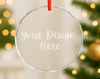 Crystal Glass Ornament Mockup: Round Christmas Ornament Engraving, Clear Circle Mock Up (JPG)