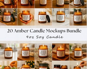 Amber Candle Mockup Bundle: 9oz Soy Candle, Jar Candle Mockups, Glass Candle Label Mockup, Cozy Lit Candle Mock-Ups, Printify Lumient (JPGs)