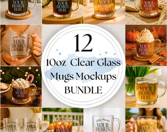 Clear Glass Mug Mockup Bundle: 10oz Clear Coffee Mug, Cozy Mug Gift, Coffee Cup Mock-Ups, POD Printify Mug, Mug Size Guide (JPGs)