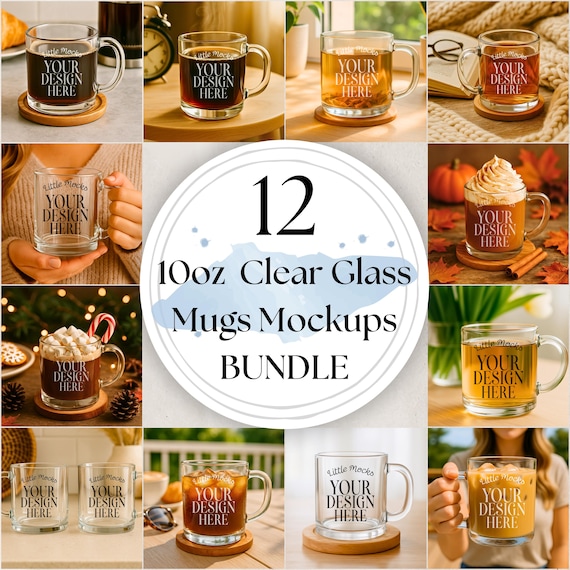 Clear Glass Mug Mockup Bundle: 10oz Clear Coffee Mug, Cozy Mug Gift, Coffee Cup Mock-Ups, POD Printify Mug, Mug Size Guide (JPGs)